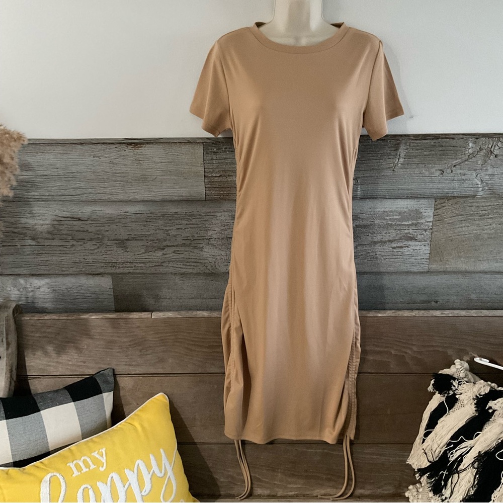 Shein khaki side-ruching drawstring bodycon dress size small